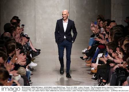 March 13, 2016 - Lisbon, Portugal - The Portuguese fashion designer Miguel Vieira acknowledges cheers after presenting the Fall Winter 2016 2017 collection during the Lisbon Fashion Week on March 11, 2016 in Lisbon, Portugal. This year Lisbon Fashion Week celebrates the 25th anniversary. Lisbon Portugal - ZUMAf123