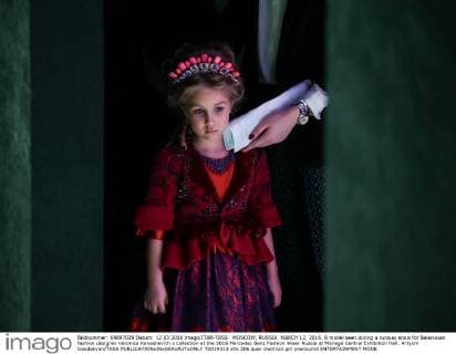 MOSCOW, RUSSIA. MARCH 12, 2016. A model seen during a runway show for Belarusian fashion designer Veronica Kanashevich s collection at the 2016 Mercedes Benz Fashion Week Russia at Manege Central Exhibition Hall. Artyom Geodakyan TASS  TS019313