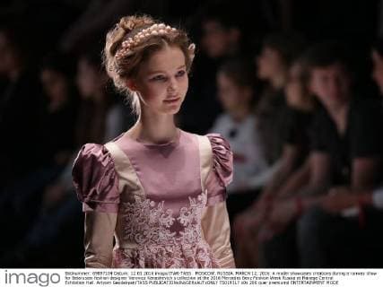 MOSCOW, RUSSIA. MARCH 12, 2016. A model showcases creations during a runway show for Belarusian fashion designer Veronica Kanashevich s collection at the 2016 Mercedes Benz Fashion Week Russia at Manege Central Exhibition Hall. Artyom Geodakyan TASS  TS019317