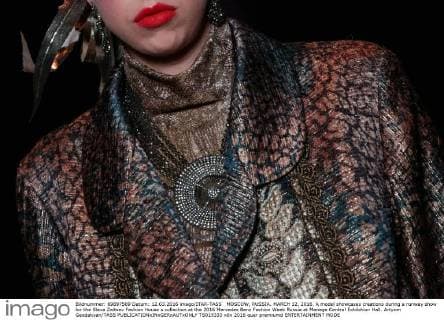 MOSCOW, RUSSIA. MARCH 12, 2016. A model showcases creations during a runway show for the Slava Zaitsev Fashion House s collection at the 2016 Mercedes Benz Fashion Week Russia at Manege Central Exhibition Hall. Artyom Geodakyan TASS  TS019333