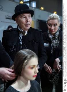 MOSCOW, RUSSIA. MARCH 12, 2016. Russian fashion designer Vyacheslav Zaitsev (L) seen ahead of a runway show for his collection at the 2016 Mercedes Benz Fashion Week Russia at Manege Central Exhibition Hall. Artyom Geodakyan TASS  TS019346