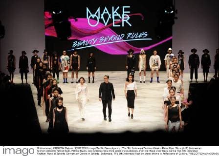 The 5th Indonesia Fashion Week - Make Over Show (L-R) Indonesian fashion designer Felicia Budi, Patrick Owen, and Ardistya New York greet the audiances after the Make Over show during The 5th Indonesia Fashion Week at Jakarta Convention Centre in Jakarta, Indonesia. The 5th Indonesia Fashion Week theme is Reflections of Culture.  RobertusxPudyanto