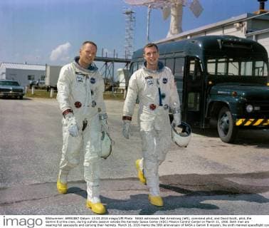 NASA astronauts Neil Armstrong (left), command pilot, and David Scott, pilot, the Gemini 8 prime crew, during a photo session outside the Kennedy Space Center (KSC) Mission Control Center on March 11, 1966. Both men are wearing full spacesuits and carrying their helmets. March 16, 2016 marks the 50th anniversary of NASA s Gemini 8 mission, the sixth manned spaceflight conducted during the United States Project Gemini program. The primary objective of the mission, the successful docking of two spacecraft in orbit, a first in spaceflight, was a success though the crew would experience a critical in-space system failure, forcing them to abandon the mission prematurely.  WAX0316201601 NASA