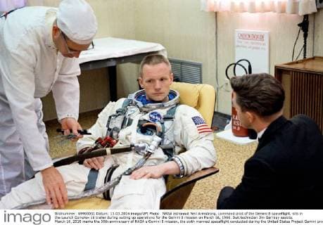 NASA astronaut Neil Armstrong, command pilot of the Gemini 8 spaceflight, sits in the Launch Complex 16 trailer during suiting up operations for the Gemini 8 mission on March 16, 1966. Suit technician Jim Garrepy assists. March 16, 2016 marks the 50th anniversary of NASA s Gemini 8 mission, the sixth manned spaceflight conducted during the United States Project Gemini program. The primary objective of the mission, the successful docking of two spacecraft in orbit, a first in spaceflight, was a success though the crew would experience a critical in-space system failure, forcing them to abandon the mission prematurely.  WAX0316201628 NASA