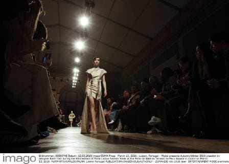 March 13, 2016 - Lisbon, Portugal - Model presents Autumn Winter 2016 creation by designer Nadir Tati during the 45rd edition of Moda Lisboa Fashion Week at the Patio da Gale on Terreiro do Paco Square in Lisbon on March 13, 2016. NURPHOTO CARLOS PALMA. Lisbon Portugal  - ZUMAn230