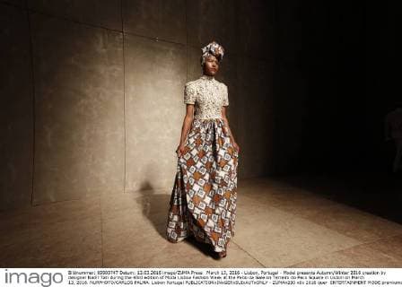 March 13, 2016 - Lisbon, Portugal - Model presents Autumn Winter 2016 creation by designer Nadir Tati during the 45rd edition of Moda Lisboa Fashion Week at the Patio da Gale on Terreiro do Paco Square in Lisbon on March 13, 2016. NURPHOTO CARLOS PALMA. Lisbon Portugal  - ZUMAn230