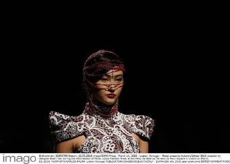 March 13, 2016 - Lisbon, Portugal - Model presents Autumn Winter 2016 creation by designer Nadir Tati during the 45rd edition of Moda Lisboa Fashion Week at the Patio da Gale on Terreiro do Paco Square in Lisbon on March 13, 2016. NURPHOTO CARLOS PALMA. Lisbon Portugal  - ZUMAn230