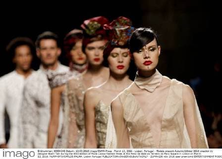 March 13, 2016 - Lisbon, Portugal - Models present Autumn Winter 2016 creation by designer Nadir Tati during the 45rd edition of Moda Lisboa Fashion Week at the Patio da Gale on Terreiro do Paco Square in Lisbon on March 13, 2016. NURPHOTO CARLOS PALMA. Lisbon Portugal  - ZUMAn230