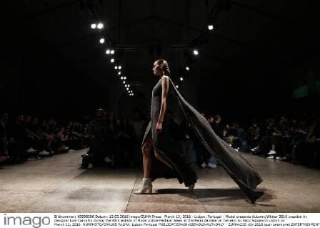 March 13, 2016 - Lisbon, Portugal - Model presents Autumn Winter 2016 creation by designer Luis Carvalho during the 45rd edition of Moda Lisboa Fashion Week at the Patio da Gale on Terreiro do Paco Square in Lisbon on March 13, 2016. NURPHOTO CARLOS PALMA. Lisbon Portugal  - ZUMAn230