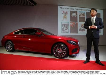 March 14, 2016, Tokyo, Japan - Mercedes Benz Japan president Kintaro Ueno introduces Mercedes-Benz new C-class coupe at Mercedes showroom in Tokyo on Monday, March 14, 2016 as Mercedes introduces the new coupe model on Japanese market. Tokyo fashion week sponsored by Merceds Benz started here on March 14 and runs through to the 19th.  (lwxa000278)