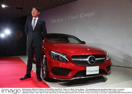 March 14, 2016, Tokyo, Japan - Mercedes Benz Japan president Kintaro Ueno introduces Mercedes-Benz new C-class coupe at Mercedes showroom in Tokyo on Monday, March 14, 2016 as Mercedes introduces the new coupe model on Japanese market. Tokyo fashion week sponsored by Merceds Benz started here on March 14 and runs through to the 19th.  (lwxa000279)