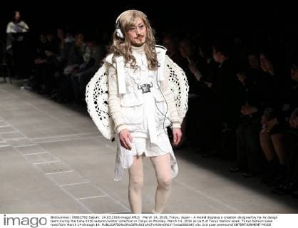 March 14, 2016, Tokyo, Japan - A model displays a creation designed by ha-ha design team during the haha 2016 autumn winter collection in Tokyo on Monday, March 14, 2016 as part of Tokyo fashion week. Tokyo fashion week runs from March 14 through 19.  (lwxa000298)