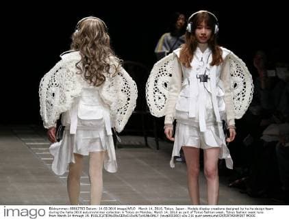 March 14, 2016, Tokyo, Japan - Models display creations designed by ha-ha design team during the haha 2016 autumn winter collection in Tokyo on Monday, March 14, 2016 as part of Tokyo fashion week. Tokyo fashion week runs from March 14 through 19.  (lwxa000300)