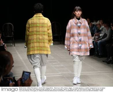 March 14, 2016, Tokyo, Japan - A model displays a creation designed by ha-ha design team during the haha 2016 autumn winter collection in Tokyo on Monday, March 14, 2016 as part of Tokyo fashion week. Tokyo fashion week runs from March 14 through 19.  (lwxa000309)