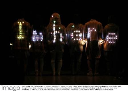 March 14, 2016, Tokyo, Japan - Models display creations designed by ha-ha design team during the haha 2016 autumn winter collection in Tokyo on Monday, March 14, 2016 as part of Tokyo fashion week. Tokyo fashion week runs from March 14 through 19.  (lwxa000312)