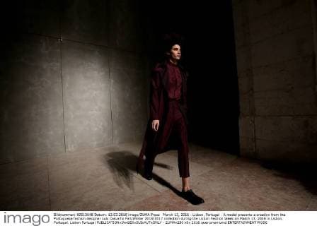 March 13, 2016 - Lisbon, Portugal - A model presents a creation from the Portuguese fashion designer Luis Carvalho Fall Winter 2016 2017 collection during the Lisbon Fashion Week on March 13, 2016 in Lisbon, Portugal. Lisbon Portugal  - ZUMAn230