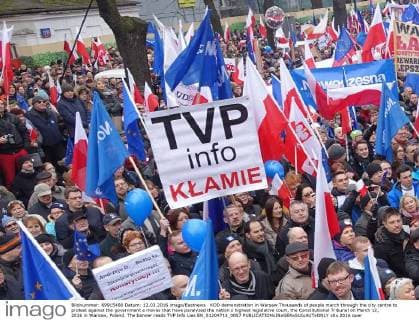 KOD demonstration in Warsaw Thousands of people march through the city centre to protest against the government s moves that have paralyzed the nation s highest legislative court, the Constitutional Tribunal on March 12, 2016 in Warsaw, Poland. The banner reads TVP Info Lies EN_01204713_0057 