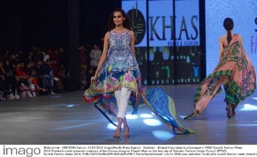 Pakistan : Khaadi Khas designs showcased in PFDC Sunsilk Fashion Week 2016 Pakistani model presents creations of the famous designer Khaadi Khas on the last day of Pakistan Fashion Design Council (PFDC) Sunsilk Fashion Week 2016.  RanaxSajidxHussain