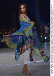 Pakistan : Khaadi Khas designs showcased in PFDC Sunsilk Fashion Week 2016 Pakistani model presents creations of the famous designer Khaadi Khas on the last day of Pakistan Fashion Design Council (PFDC) Sunsilk Fashion Week 2016.  RanaxSajidxHussain