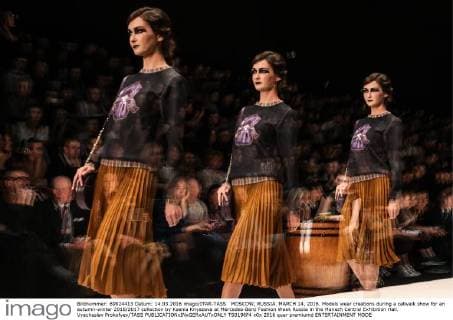 MOSCOW, RUSSIA. MARCH 14, 2016. Models wear creations during a catwalk show for an autumn-winter 2016 2017 collection by Ksenia Knyazeva at Mercedes-Benz Fashion Week Russia in the Manezh Central Exhibition Hall. Vyacheslav Prokofyev TASS  TS0196F4