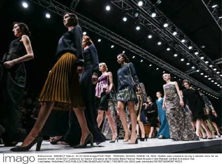 MOSCOW, RUSSIA. MARCH 14, 2016. Models wear creations during a catwalk show for an autumn-winter 2016 2017 collection by Ksenia Knyazeva at Mercedes-Benz Fashion Week Russia in the Manezh Central Exhibition Hall. Vyacheslav Prokofyev TASS  TS0196F8