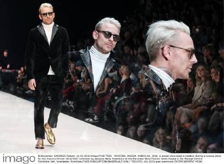 MOSCOW, RUSSIA. MARCH 14, 2016. A model showcases a creation during a runway show for the Autumn Winter 2016 2017 collection by designer Bella Potemkina at the Mercedes-Benz Fashion Week Russia in the Manege Central Exhibition Hall. Vyacheslav Prokofyev TASS  TS019701