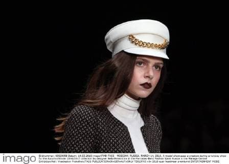 MOSCOW, RUSSIA. MARCH 14, 2016. A model showcases a creation during a runway show for the Autumn Winter 2016 2017 collection by designer Bella Potemkina at the Mercedes-Benz Fashion Week Russia in the Manege Central Exhibition Hall. Vyacheslav Prokofyev TASS  TS019705