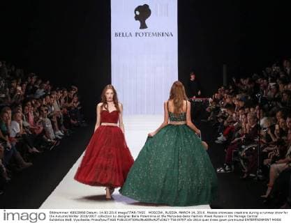 MOSCOW, RUSSIA. MARCH 14, 2016. Models showcase creations during a runway show for the Autumn Winter 2016 2017 collection by designer Bella Potemkina at the Mercedes-Benz Fashion Week Russia in the Manege Central Exhibition Hall. Vyacheslav Prokofyev TASS  TS019707