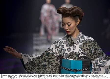 Japan : Jotaro Saito Autumn Winter 2016 Tokyo A model on the runway during the Jotaro Saito Kimono Designer 2016 Autumn Winter Fashion show at the Mercedes-Benz Fashion Week.  AlessandroxDixCiommo