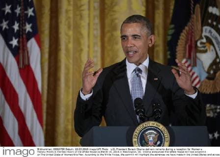 U.S. President Barack Obama delivers remarks during a reception for Women s History Month in the East Room of the White House on March 16, 2016 in Washington, DC. Obama announced the White House will host a summit on The United State of Women this May. According to the White House, the summit will highlight the advances we have made in the United States and across the globe and to expand our efforts on helping women confront the challenges they face and reach for their highest aspirations. Pool photo by Chip Somodevilla  WAX20160316206 CHIPxSOMODEVILLA