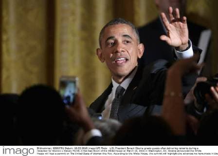 U.S. President Barack Obama greets guests after delivering remarks during a reception for Women s History Month in the East Room of the White House on March 16, 2016 in Washington, DC. Obama announced the White House will host a summit on The United State of Women this May. According to the White House, the summit will highlight the advances we have made in the United States and across the globe and to expand our efforts on helping women confront the challenges they face and reach for their highest aspirations. Pool photo by Chip Somodevilla  WAX20160316207 CHIPxSOMODEVILLA