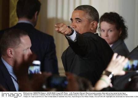 U.S. President Barack Obama greets guests after delivering remarks during a reception for Women s History Month in the East Room of the White House on March 16, 2016 in Washington, DC. Obama announced the White House will host a summit on The United State of Women this May. According to the White House, the summit will highlight the advances we have made in the United States and across the globe and to expand our efforts on helping women confront the challenges they face and reach for their highest aspirations. Pool photo by Chip Somodevilla  WAX20160316209 CHIPxSOMODEVILLA