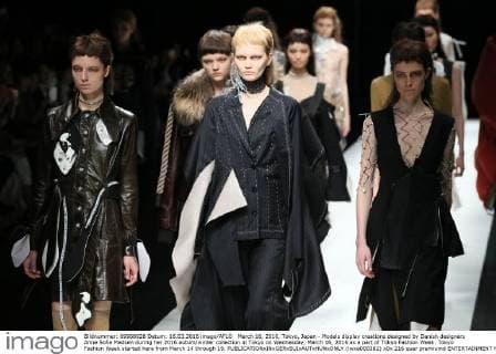 March 16, 2016, Tokyo, Japan - Models display creations designed by Danish designers Anne Sofie Madsen during her 2016 autum winter collection in Tokyo on Wednesday, March 16, 2016 as a part of Tokyo Fashion Week. Tokyo Fashion Week started here from March 14 through 19.  (lwxa000382)