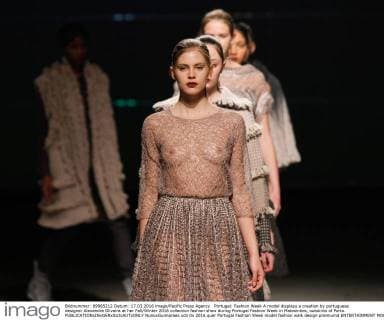 Portugal: Fashion Week A model displays a creation by portuguese designer Alexandra Oliveira at her Fall Winter 2016 collection fashion show during Portugal Fashion Week in Matosinhos, outskirts of Porto.  NunoxGuimaraes
