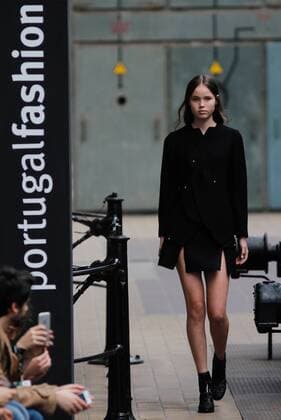 PORTUGAL FASHION WEEK A model displays a creation by portuguese designer Luis Buchinho at his Fall Winter 2016 collection fashion show during Portugal Fashion Week in Porto.  NUNOxGUIMARAES