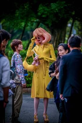 SHENZHEN, CHINA - MARCH 20: (CHINA OUT) Pandemonia, the creation of a conceptual artist, is seen during the Shenzhen Fashion Week Fall Winter 2016 on March 20, 2016 in Shenzhen, Guangdong Province of China. Pandemonia is the creation of a very secretive, self-styled conceptual artist, and has gone from Fashion Week party crasher to VIP guest in three seasons. Currently she caused a stir on the front row of all the best shows at Fashion Week.  CFP481495621