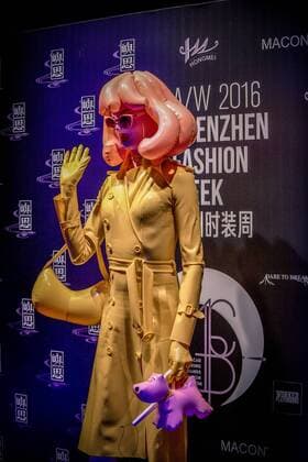 SHENZHEN, CHINA - MARCH 20: (CHINA OUT) Pandemonia, the creation of a conceptual artist, is seen during the Shenzhen Fashion Week Fall Winter 2016 on March 20, 2016 in Shenzhen, Guangdong Province of China. Pandemonia is the creation of a very secretive, self-styled conceptual artist, and has gone from Fashion Week party crasher to VIP guest in three seasons. Currently she caused a stir on the front row of all the best shows at Fashion Week.  CFP481495628