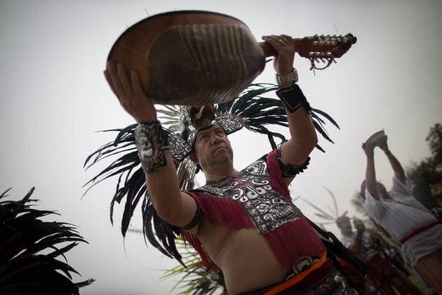 A man takes part in a ceremony to celebrate the spring equinox in the archaeological zone of Cuicuilco in Mexico City, capital of Mexico, on March 21, 2016. Spring equinox marks the sun s crossing of the Equator and the start of spring in the Northern Hemisphere. Each year, ceremonies are held in Mexico to celebrate the spring equinox. ) MEXICO-MEXICO CITY-SPRING-EQUINOX PedroxMera 