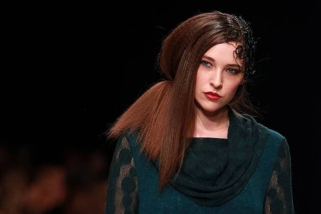 MOSCOW, RUSSIA. MARCH 23, 2016. A model showcases a creation by Russian designer Elena Shipilova at the 2016 Moscow Fashion Week in Moscow s Gostiny Dvor. Sergei Fadeichev TASS  TS01D2FE