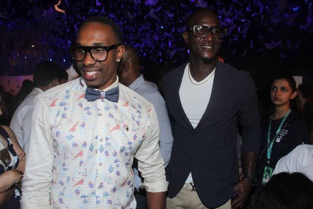 MUMBAI, INDIA - MARCH 29: West Indies cricket players Dwayne Bravo and Darren Sammy during the opening show of Lakme Fashion Week Summer Resort 2016, at Mehboob Studio, Bandra on March 29, 2016 in Mumbai, India. (Photo by Pramod Thakur Hindustan Times ) Lakme Fashion Week Summer Resort 2016