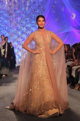 MUMBAI, INDIA - MARCH 29: Bollywood actor Jacqueline Fernandez displays the creation of fashion designer Manish Malhotra during the opening show of Lakme Fashion Week Summer Resort 2016, at Mehboob Studio, Bandra on March 29, 2016 in Mumbai, India. (Photo by Pramod Thakur Hindustan Times ) Lakme Fashion Week Summer Resort 2016