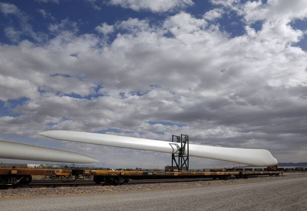 March 31, 2016 - Santa Teresa, NM, U.S. - TPI Composites wind blades sit at the Santa Teresa Southern Railroad facilities in Santa Teresa, New Mexico, Thursday, March 31, 2016. Santa Teresa U.S. - ZUMAab1_