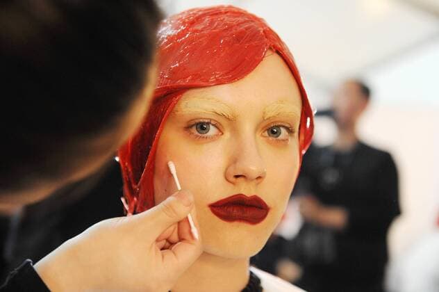 BEIJING, CHINA - MARCH 31: (CHINA OUT) A model prepares at backstage prior to the Sheguang Hu Collection during the Mercedes-Benz China Fashion Week Autumn Winter 2016 2017 at 751D.Park on March 31, 2016 in Beijing, China.  CFP481979940