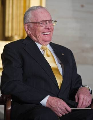 November 16, 2011 - Washington, DC, United States of America - Apollo 11 astronaut Neil Armstrong, the first man to walk on the Moon, laughs at a remark made during a Congressional Gold Medal ceremony honoring astronauts Michael Collins, Buzz Aldrin, John Glenn and Armstrong in the Rotunda at the US Capitol November 16, 2011 in Washington, DC. Washington United States of America - ZUMAp138