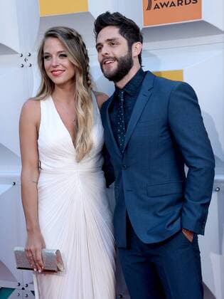 Country Music Awards in Las Vegas Singer Thomas Rhett (R) and Lauren Gregory attend the 51st annual Academy of Country Music Awards held at the MGM Grand Arena in Las Vegas, Nevada on April 3, 2016.  LAV20160403180 JIMxRUYMEN