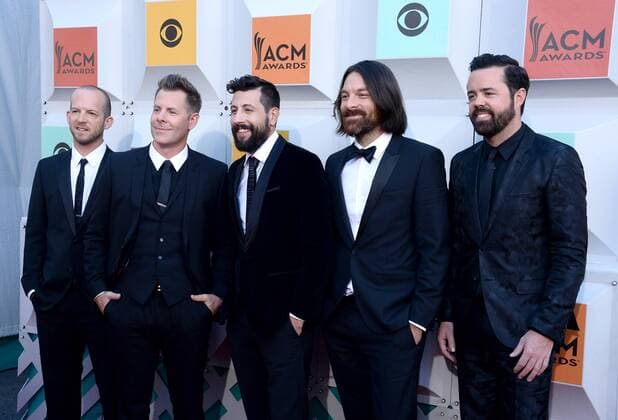 Country Music Awards in Las Vegas (L-R) Musicians Whit Sellers, Trevor Rosen, Matthew Ramsey, Brad Tursi and Geoff Sprung of Old Dominion attend the 51st annual Academy of Country Music Awards held at the MGM Grand Arena in Las Vegas, Nevada on April 3, 2016.  LAV20160403281 JIMxRUYMEN