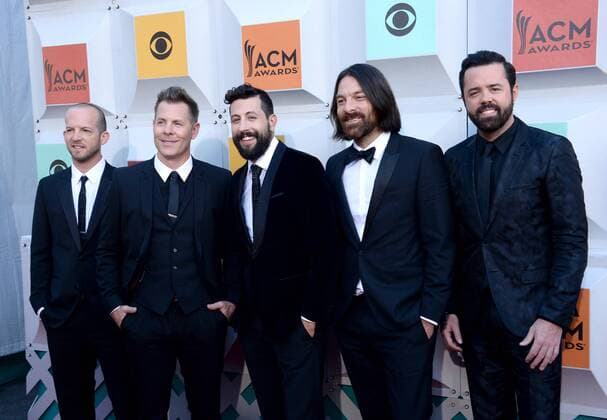Country Music Awards in Las Vegas (L-R) Musicians Whit Sellers, Trevor Rosen, Matthew Ramsey, Brad Tursi and Geoff Sprung of Old Dominion attend the 51st annual Academy of Country Music Awards held at the MGM Grand Arena in Las Vegas, Nevada on April 3, 2016.  LAV20160403282 JIMxRUYMEN