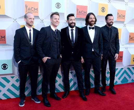 Country Music Awards in Las Vegas (L-R) Musicians Whit Sellers, Trevor Rosen, Matthew Ramsey, Brad Tursi and Geoff Sprung of Old Dominion attend the 51st annual Academy of Country Music Awards held at the MGM Grand Arena in Las Vegas, Nevada on April 3, 2016.  LAV20160403283 JIMxRUYMEN