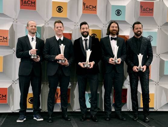 (L-R) Singers Whit Sellers, Trevor Rosen, Matthew Ramsey, Brad Tursi, and Geoff Sprung of Old Dominion, winners of New Vocal Duo or Group of the Year, backstage at the 51st annual Academy of Country Music Awards held at the MGM Grand Arena in Las Vegas, Nevada on April 3, 2016.  LAV20160403373 JIMxRUYMEN