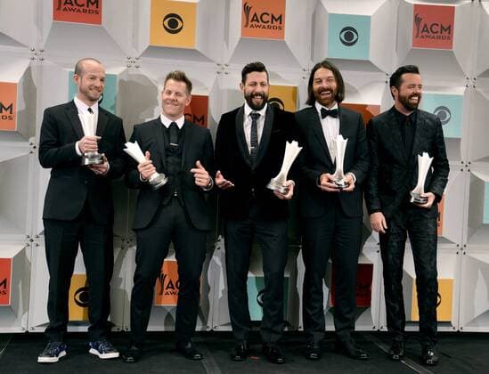 (L-R) Singers Whit Sellers, Trevor Rosen, Matthew Ramsey, Brad Tursi, and Geoff Sprung of Old Dominion, winners of New Vocal Duo or Group of the Year, backstage at the 51st annual Academy of Country Music Awards held at the MGM Grand Arena in Las Vegas, Nevada on April 3, 2016.  LAV20160403374 JIMxRUYMEN